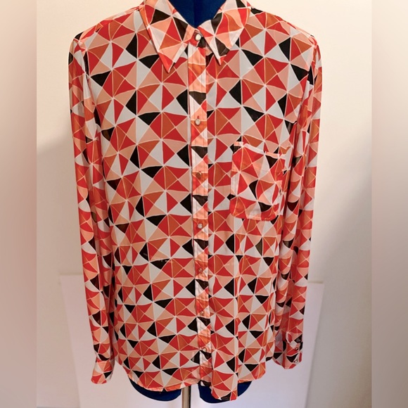 LIZ CLAIBORNE SHEER GEOMETRIC PRINT BUTTON DOWN BLOUSE WOMEN’S SZ L - Picture 1 of 7